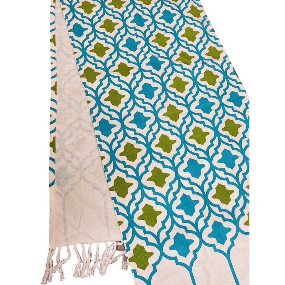 Cotton Tablecloth Runner Moroccan Style Made In India Blue Green Fringe Jabara - Picture 2 of 9